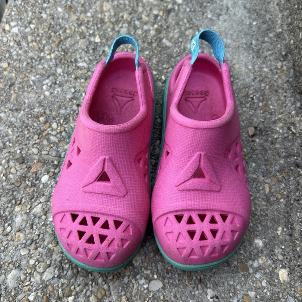 Reebok T7 Unisex Kids' Pink/Blue Slip-On Rubber Shoes Geometric Cutouts Size 7